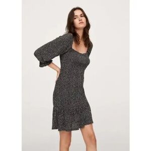 Mango Black and White Sheath Dress with Ruffled Bishop Sleeves